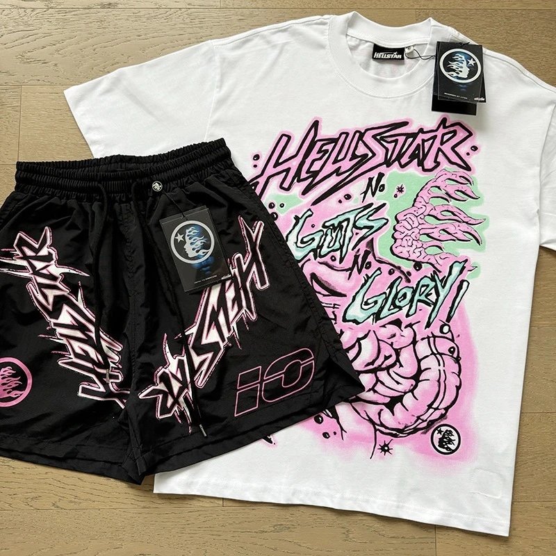 Hellstar Flame Graphic T-Shirt and Shorts Set Black with Neon Green - 15