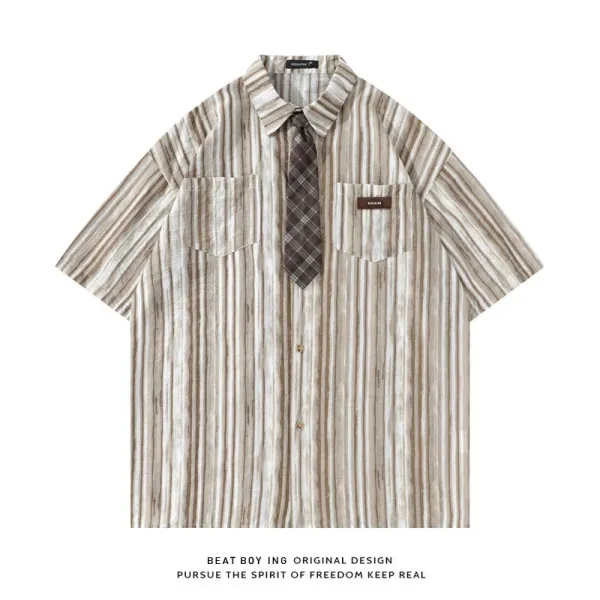 Design Beat Boy Ing Striped Short-Sleeve Shirt Beige Multicolor Shirt - 1