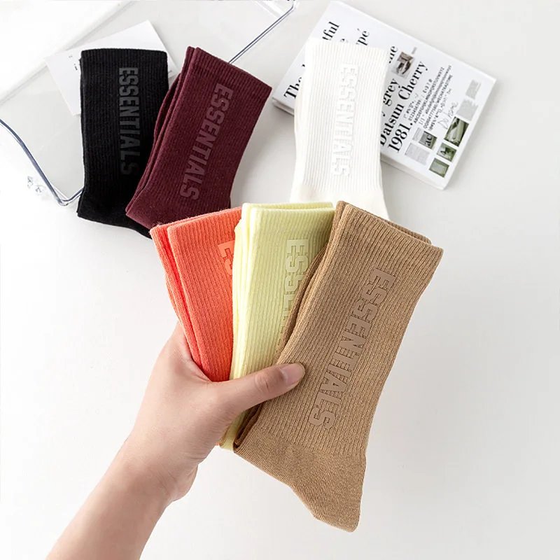 丽丽 ESS春夏糖果色立体字胶标印花纯色棉袜中筒袜子男女ins同款运动潮