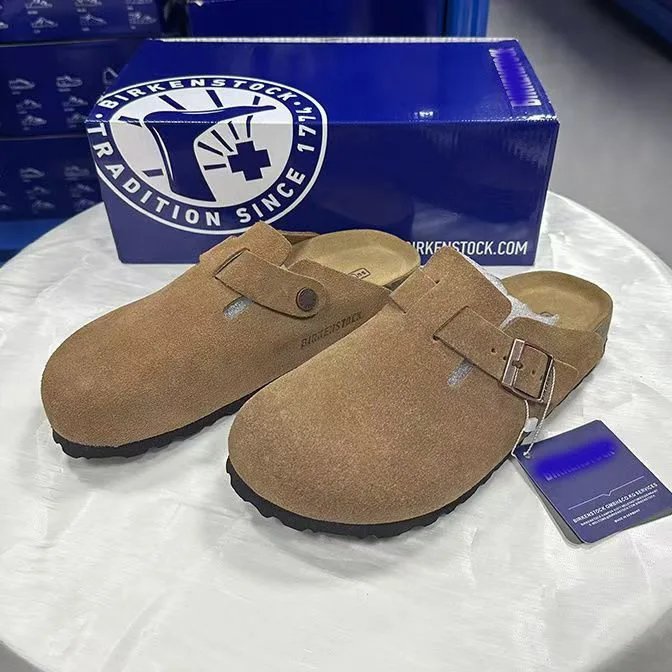 丽丽 全牛皮博肯鞋复古真皮半拖舒适软木勃肯鞋平底外穿休闲包头拖鞋