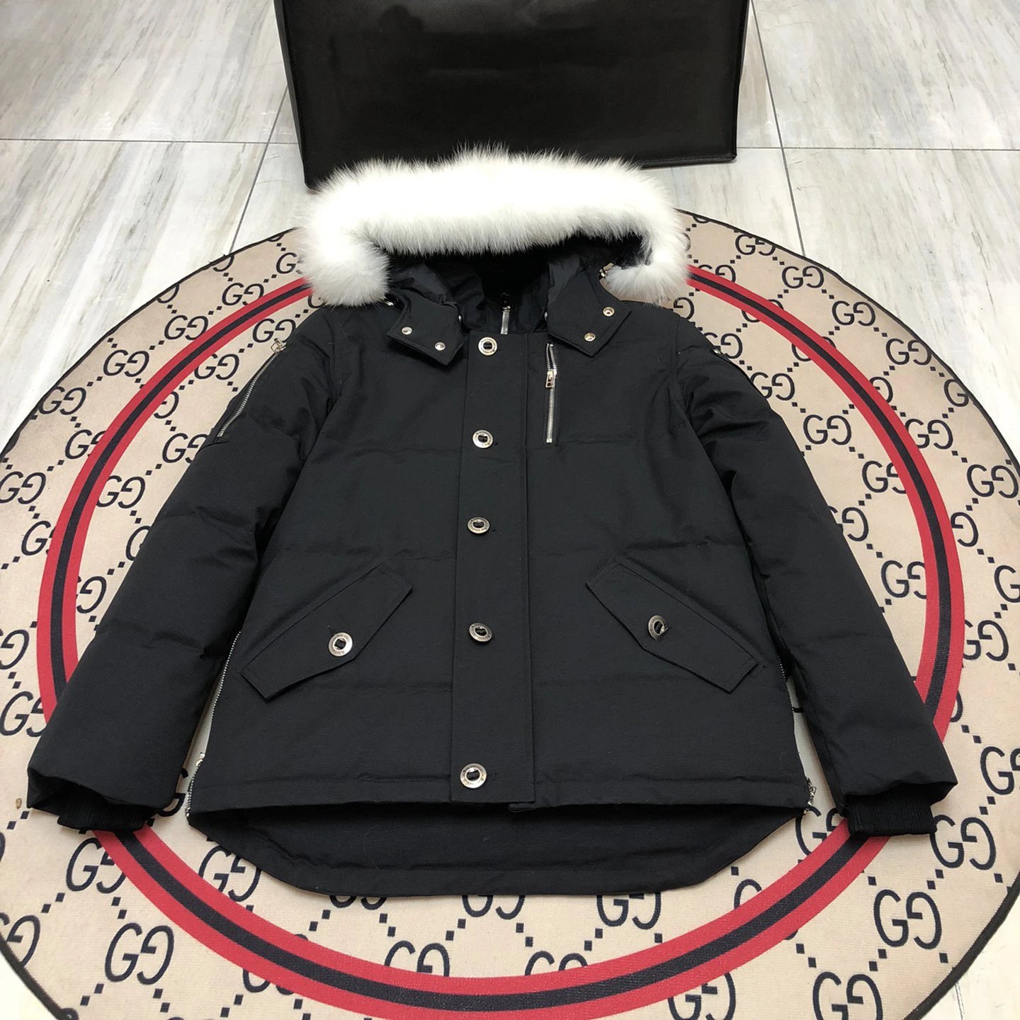 Unbranded Down Jackets Hooded fur-trim puffer jacket with flap pockets — Black (06 male white fur collar)