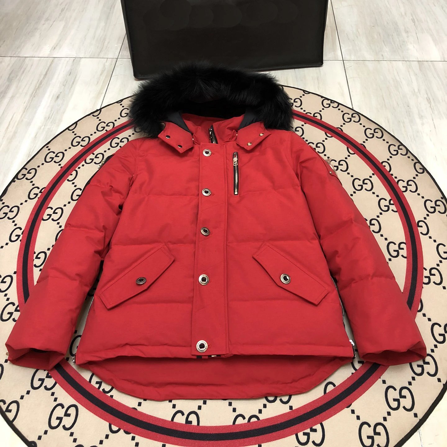 Unbranded Down Jackets Hooded fur-trim puffer jacket with flap pockets — Red (06 men's black fur collar)