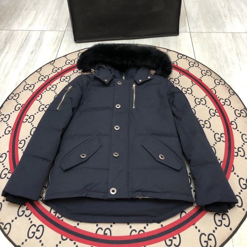 Unbranded Down Jackets Hooded fur-trim puffer jacket with flap pockets — Navy Blue (06 Male Black Wool Collar)