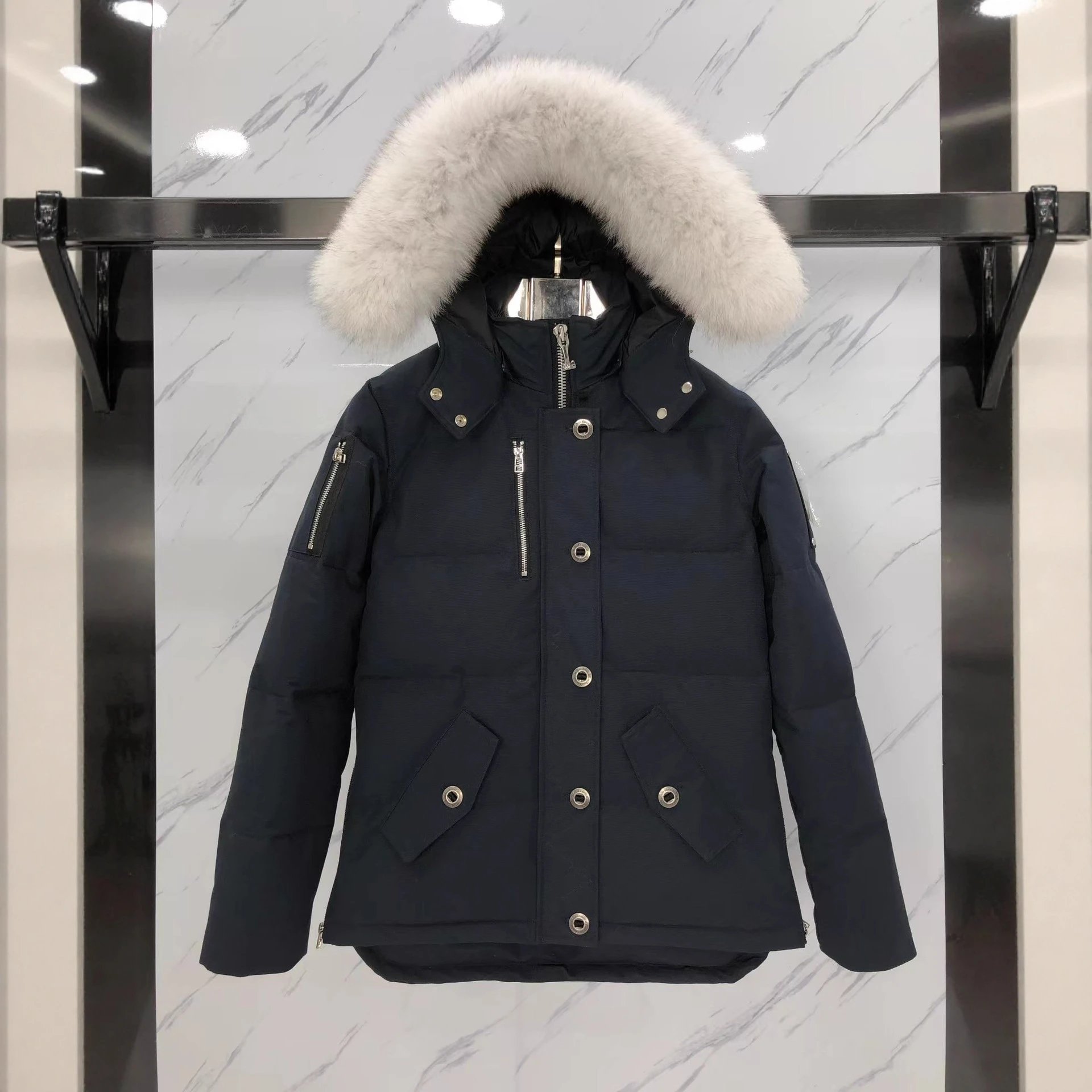 Unbranded Down Jackets Hooded fur-trim puffer jacket with flap pockets — Black (05 female white fur collar)
