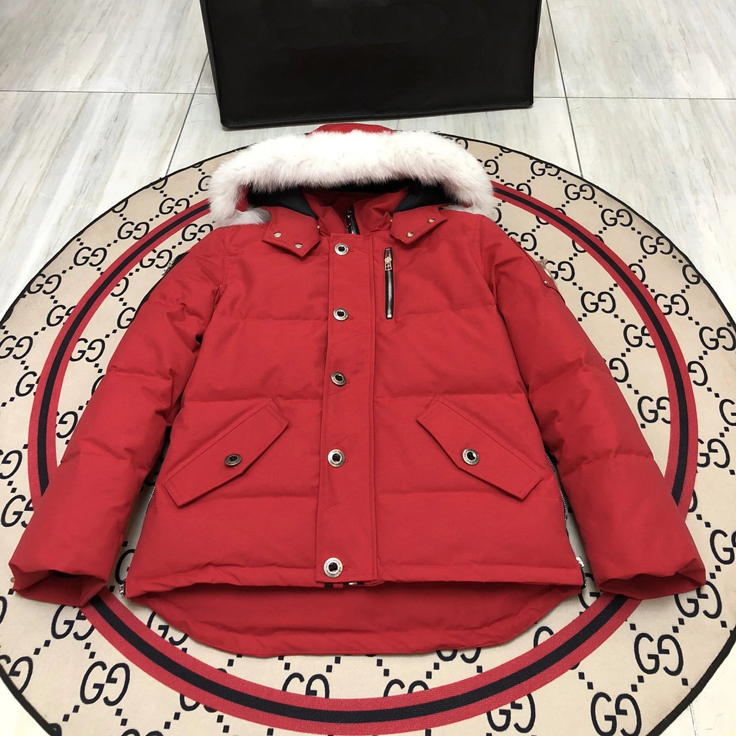 Unbranded Down Jackets Hooded fur-trim puffer jacket with flap pockets — Red (06 male white fur collar)