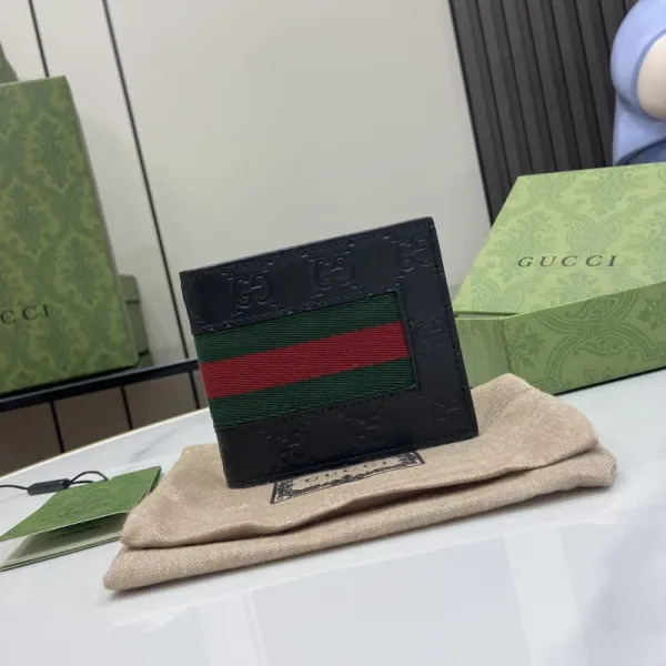 Gucci Web Stripe Leather Bifold Wallet Black Short Wallet - 1