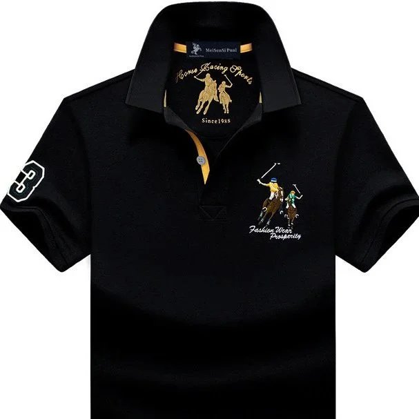 MeiSenSi Paul Men's Short Sleeve Polo Shirt with Horse Racing Embroidery