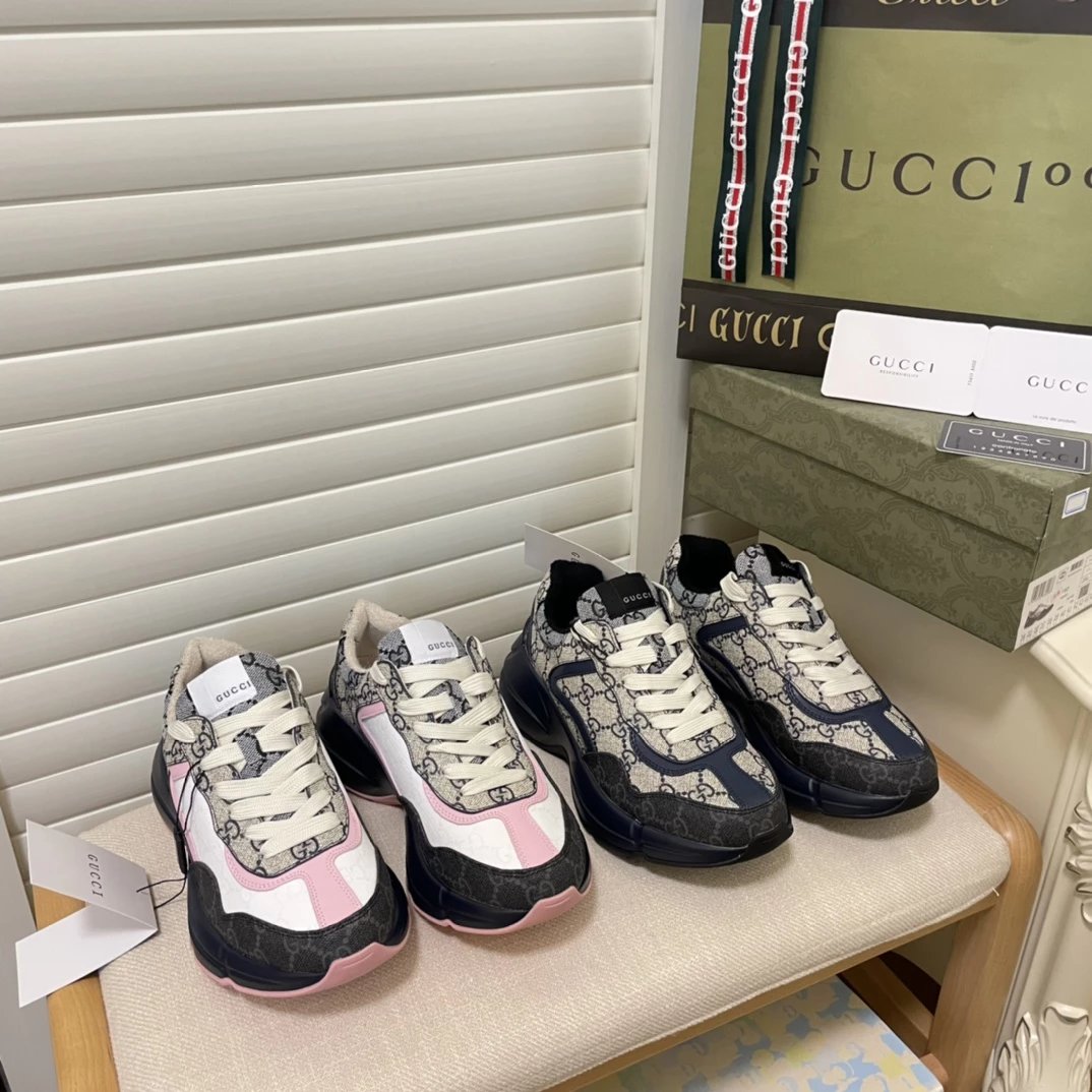 G Gucci Rhyton Dad Sneakers New Colorway Printed Limited Retro Thick Sole Platform Casual Shoes 528892 White