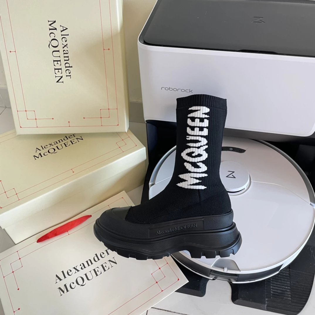 Alexander McQueen Boots Logo Knit Sock with Lug Sole — All black