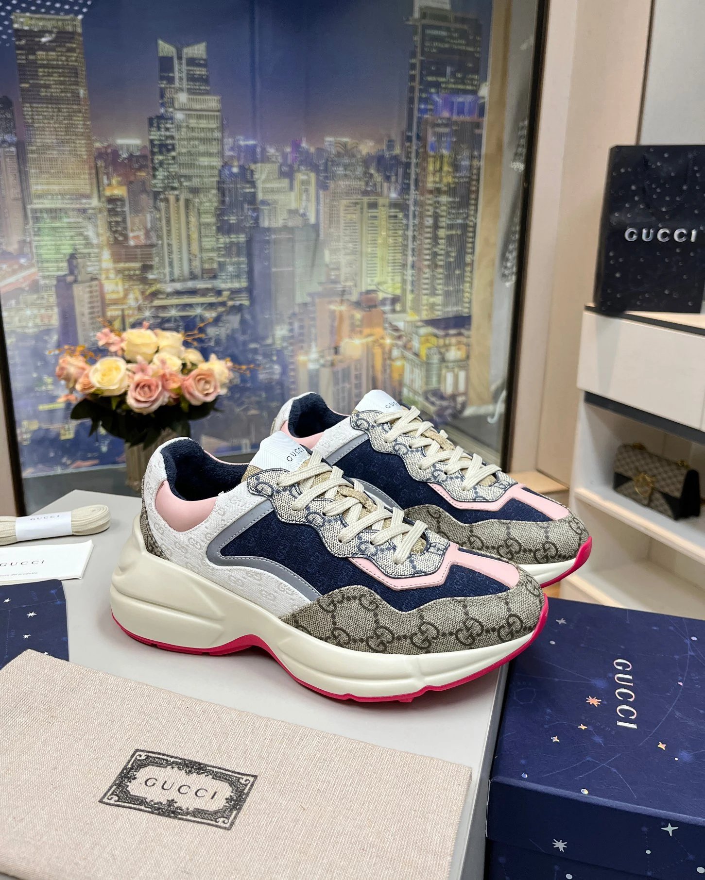 Khaki monogram + navy + pink patchwork