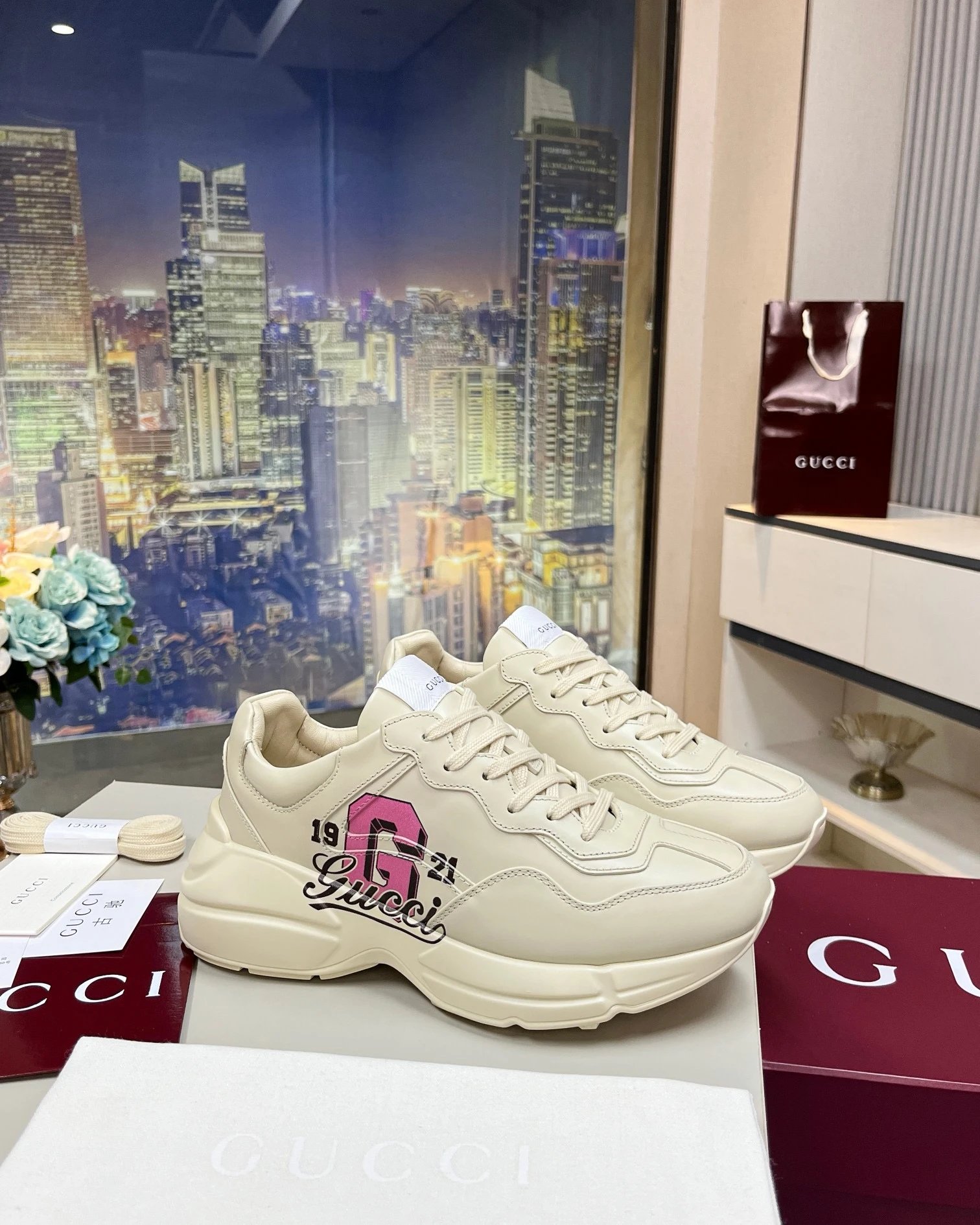 Off-white leather with rabbit print