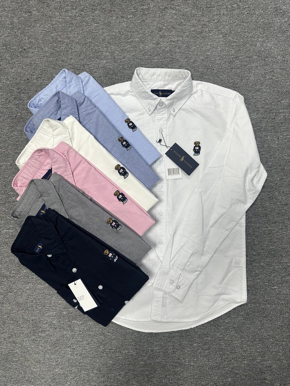 H1078# New Style (Little Bear) Oxford Cloth/11, Ralph Lauren Long Sleeve Shirt Men Little Bear Logo Oxford Non-Iron Business Casual Formal Loose Fit Youth Solid Color Shirt