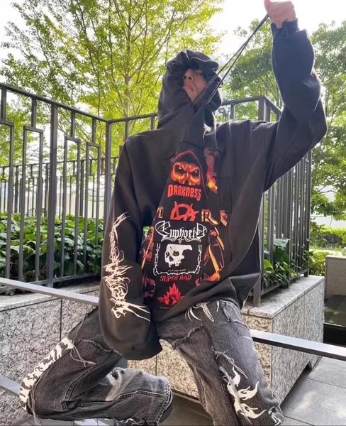 AntiTraditional Trendy Heavy Industry Embroider Patch Distressed Hoodie Sweatshirt