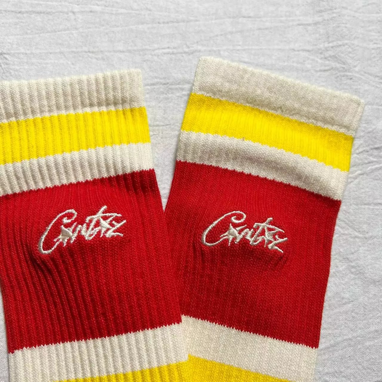 Corteiz Striped Crew Socks Red Yellow Cream Socks - 9