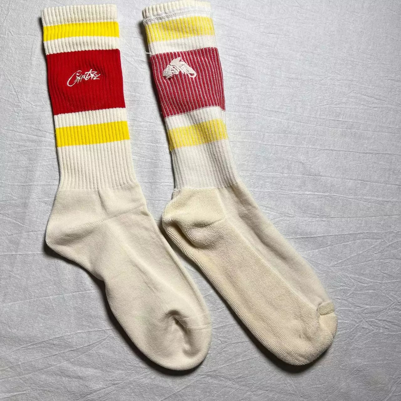 Corteiz Striped Crew Socks Red Yellow Cream Socks - 7