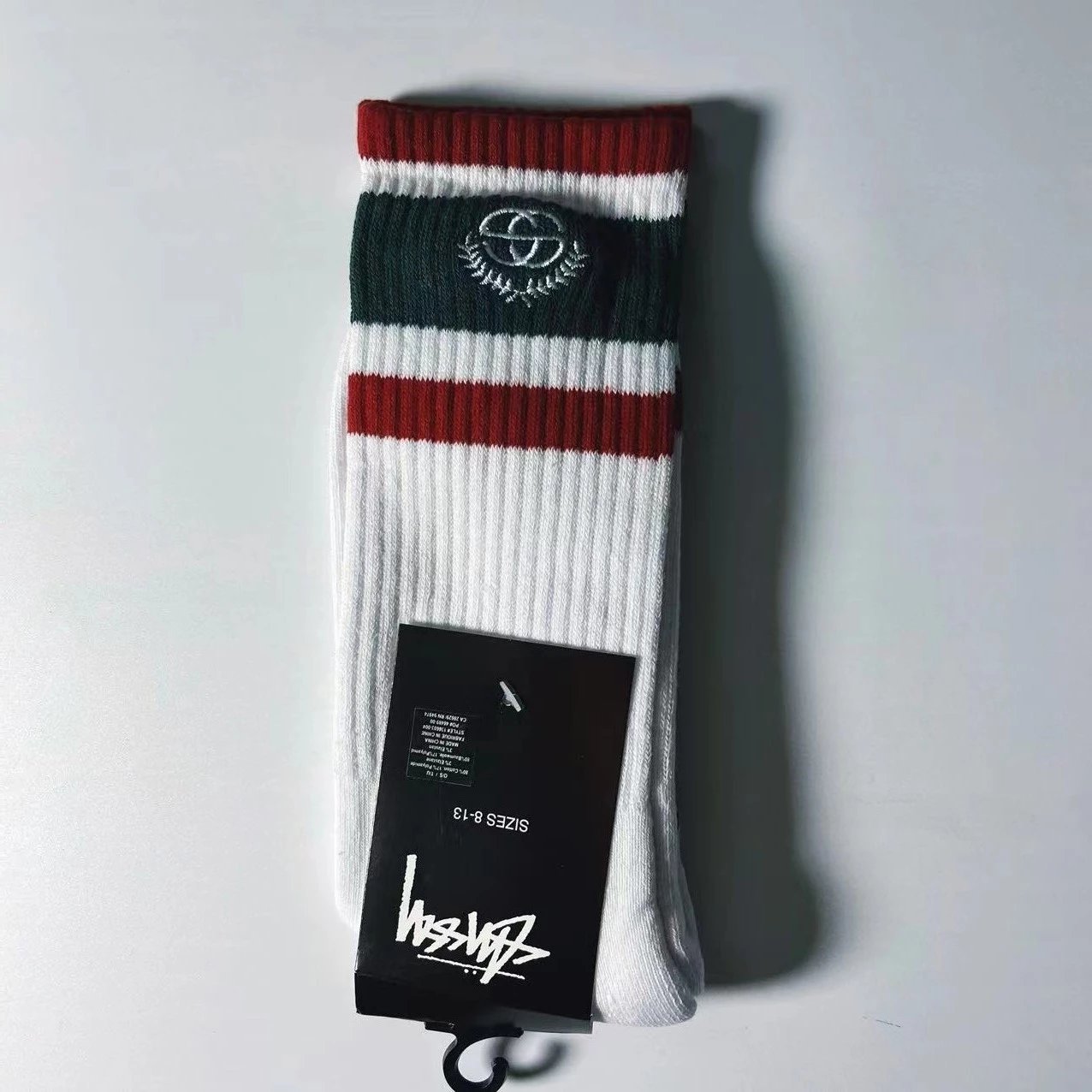 Stussy Stripe Logo Crew Socks White / Navy / Burgundy - 6
