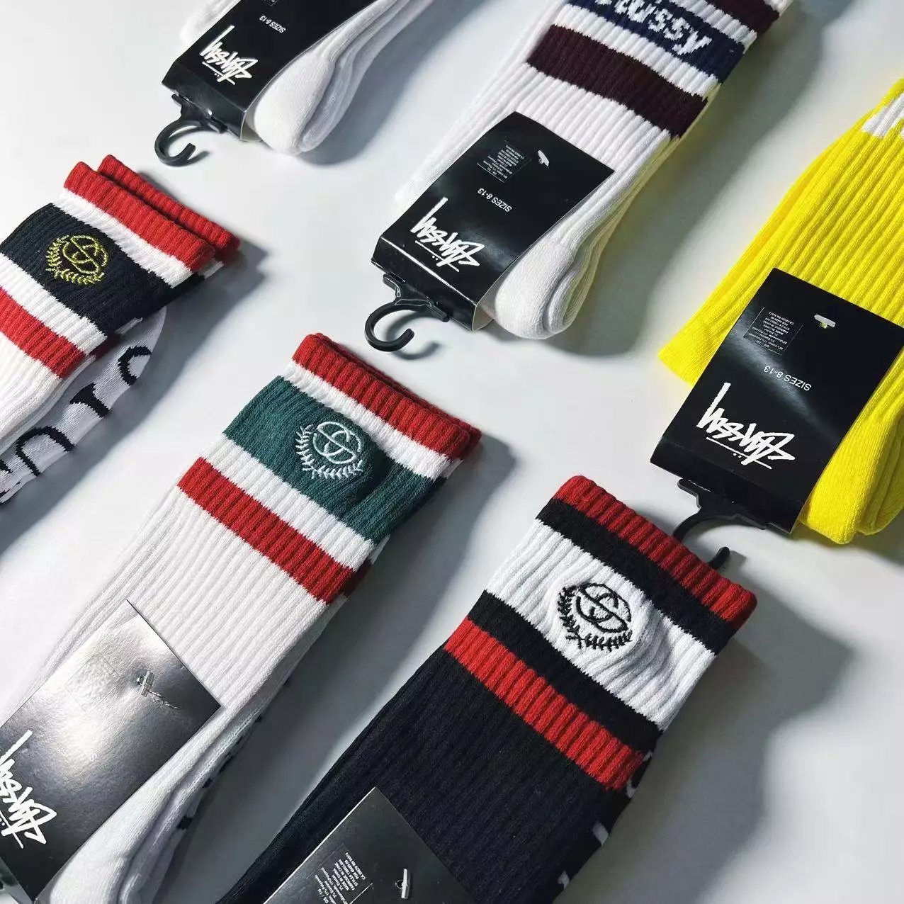 Stussy Stripe Logo Crew Socks White / Navy / Burgundy - 3