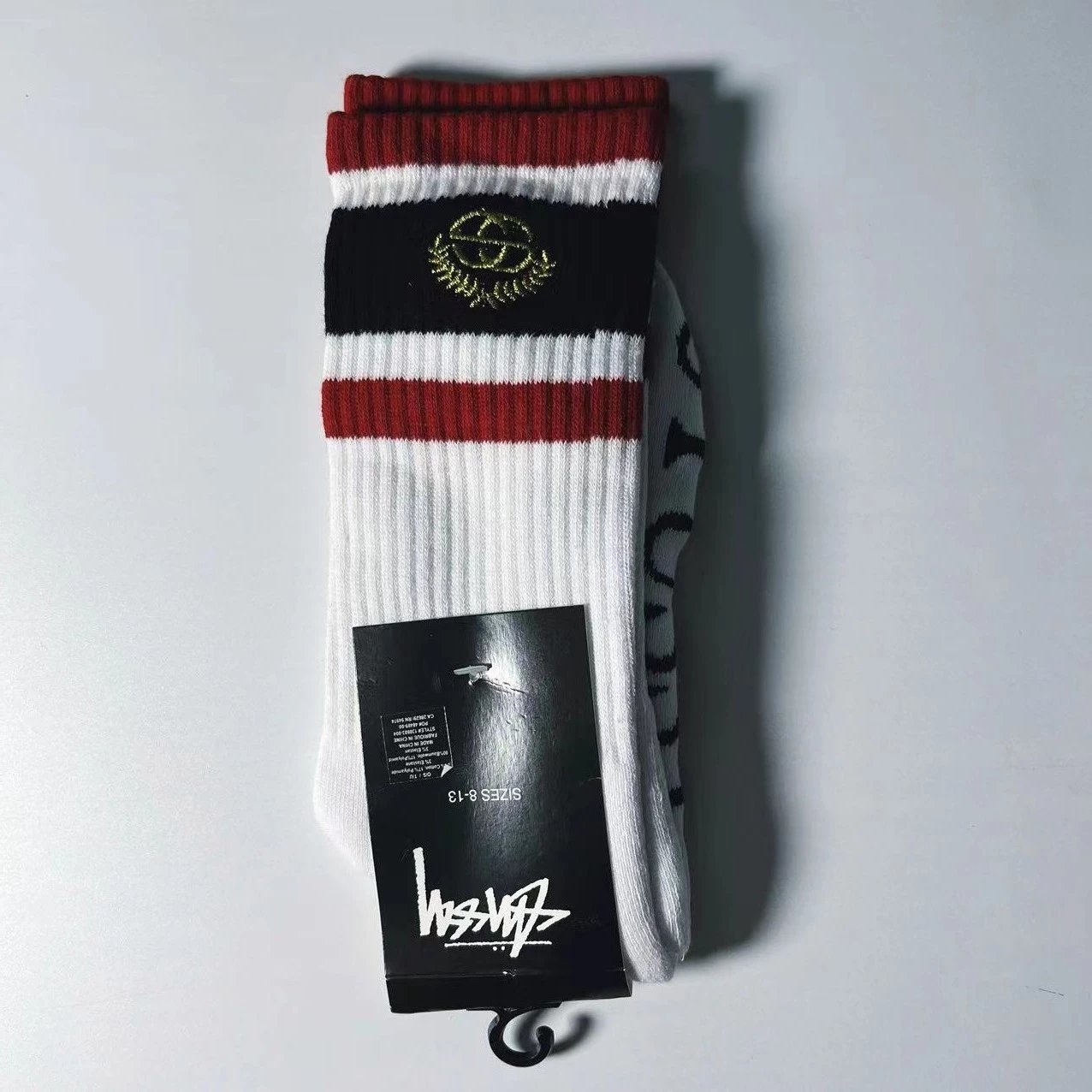 Stussy Stripe Logo Crew Socks White / Navy / Burgundy - 7