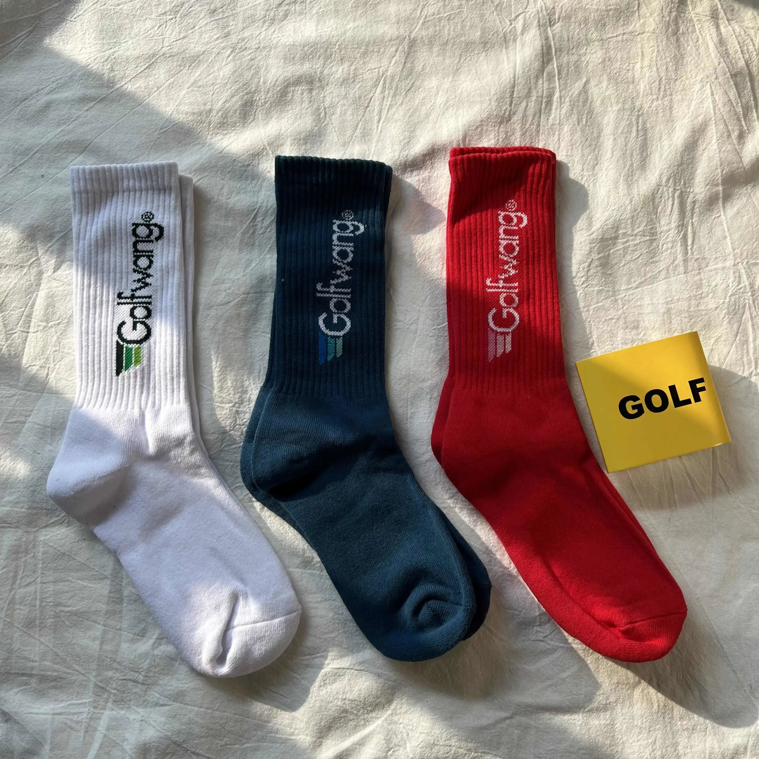 Design GOLF Wang Crew Socks White with Beige Toe Heel and Multicolor Logo Socks - 4