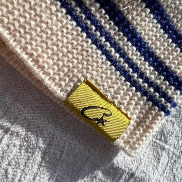Corteiz Striped Beanie Navy and Beige Knit Hat - 9