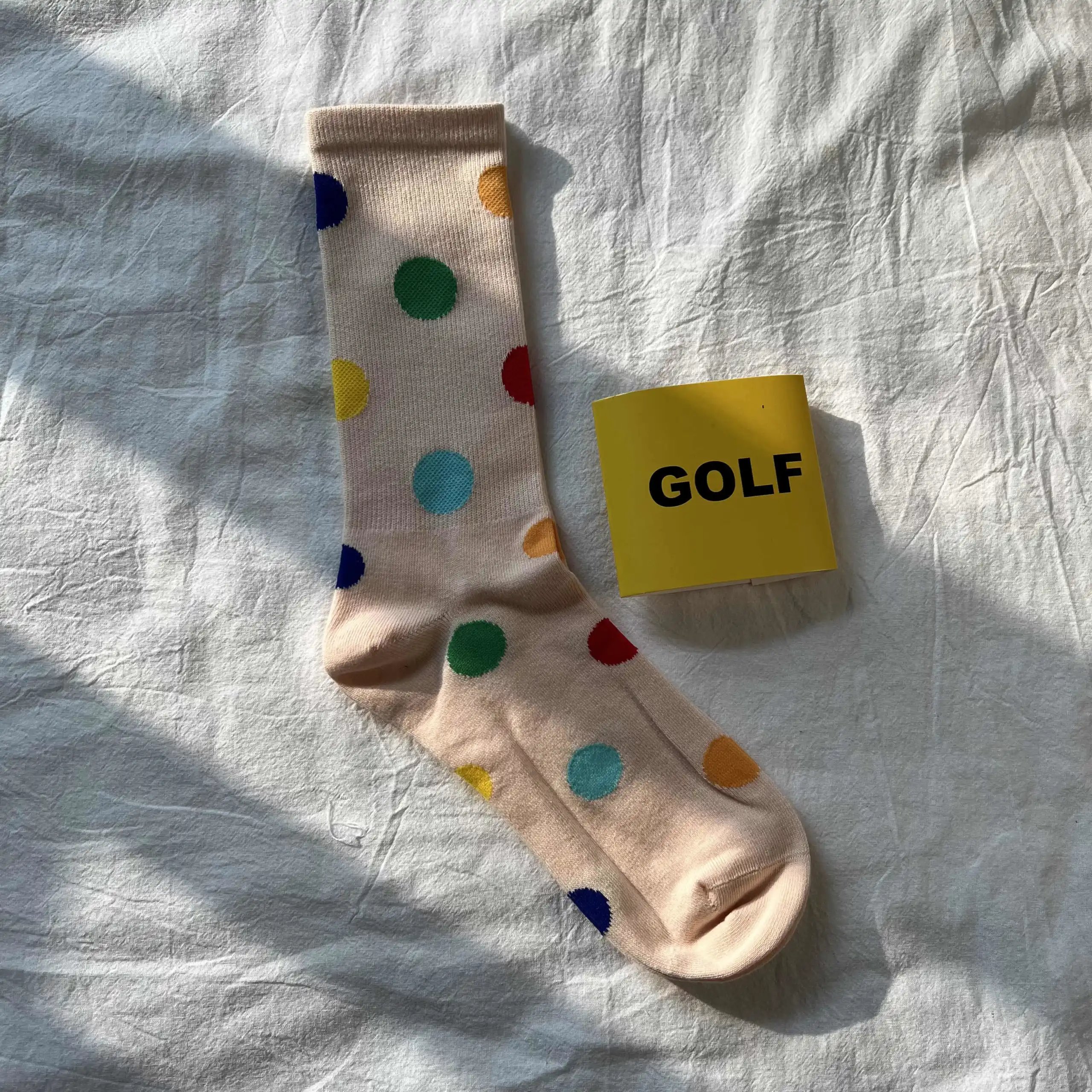 Design GOLF Wang Crew Socks White with Beige Toe Heel and Multicolor Logo Socks - 14