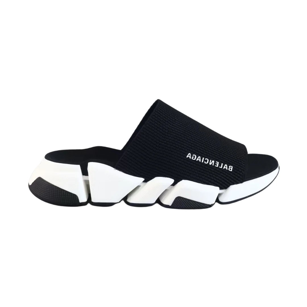 Balenciaga Slippers Logo Knit with Segmented Sole — Black White