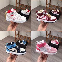 Real leather Jordan 1st generation children's shoes AJ1 Velcro high top Nike children's shoes men's and women's sports shoes basketball shoes mandarin duck color Lakers black and red toe buckles black and white Panda Rabbit Bags