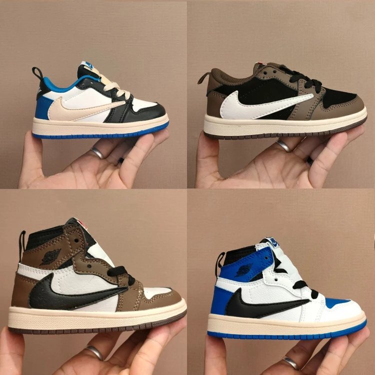 Nike Kids Sports Board Shoes Jordan AJ1 Barb Kids Shoes Travis Scott x Ghostface Co-branded mid-top Lacing Boys Girls Basketball Shoes Leather