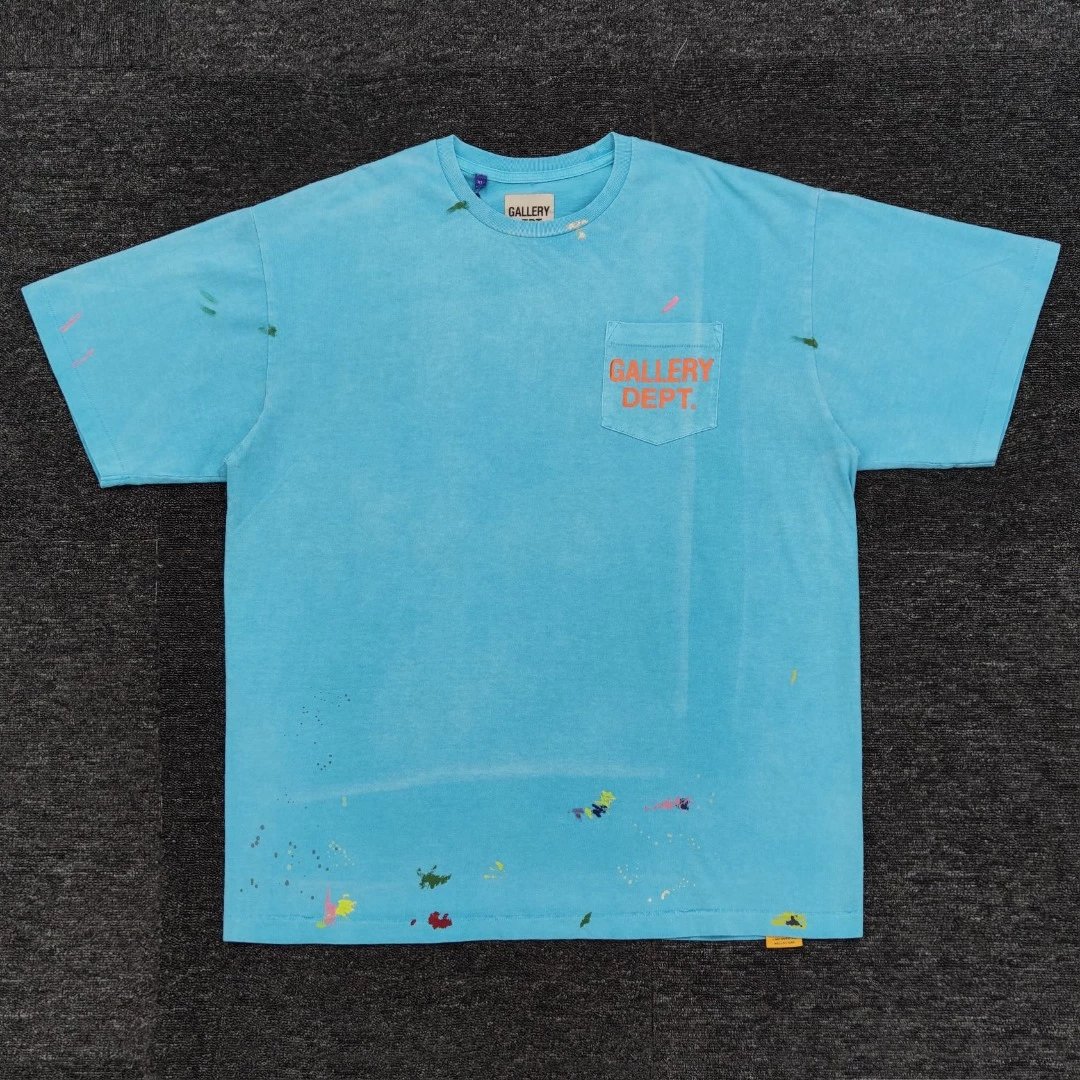 GALLERY DEPT. turquoise vintage logo washed short sleeve shirt, salt fried vintage lake blue letter short sleeved T-shirt
