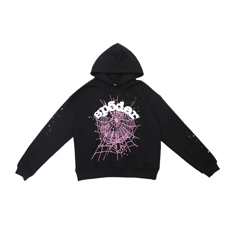 Black Spiderweb Graphic Hoodie With Pink Web And Stars