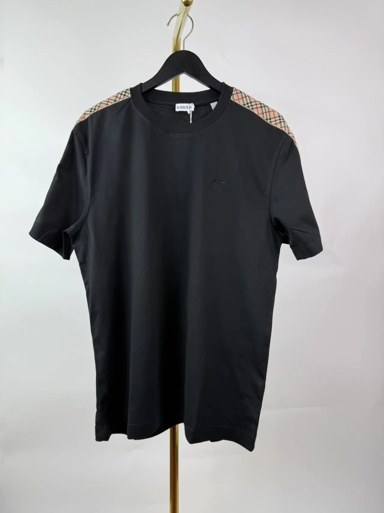 肩部织带格子短袖黑