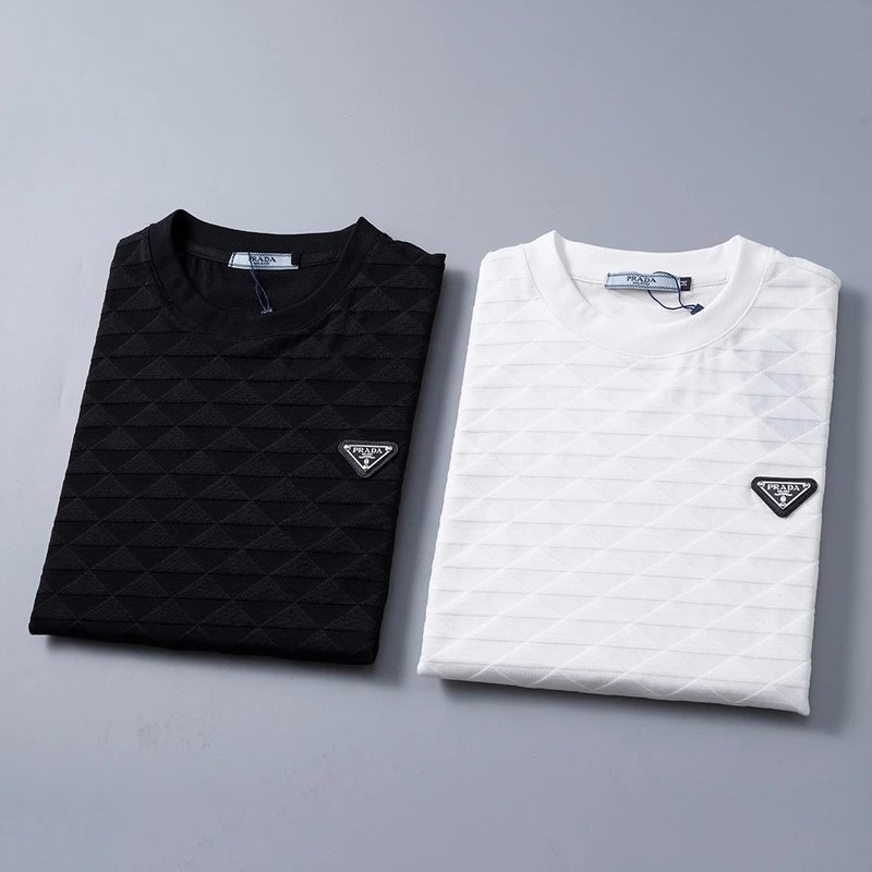 25010# PRADA 春夏新款T恤 提花款 官网同步 M-3XL 普拉达男士休闲时尚潮牌纯棉圆领短袖半袖衫高奢