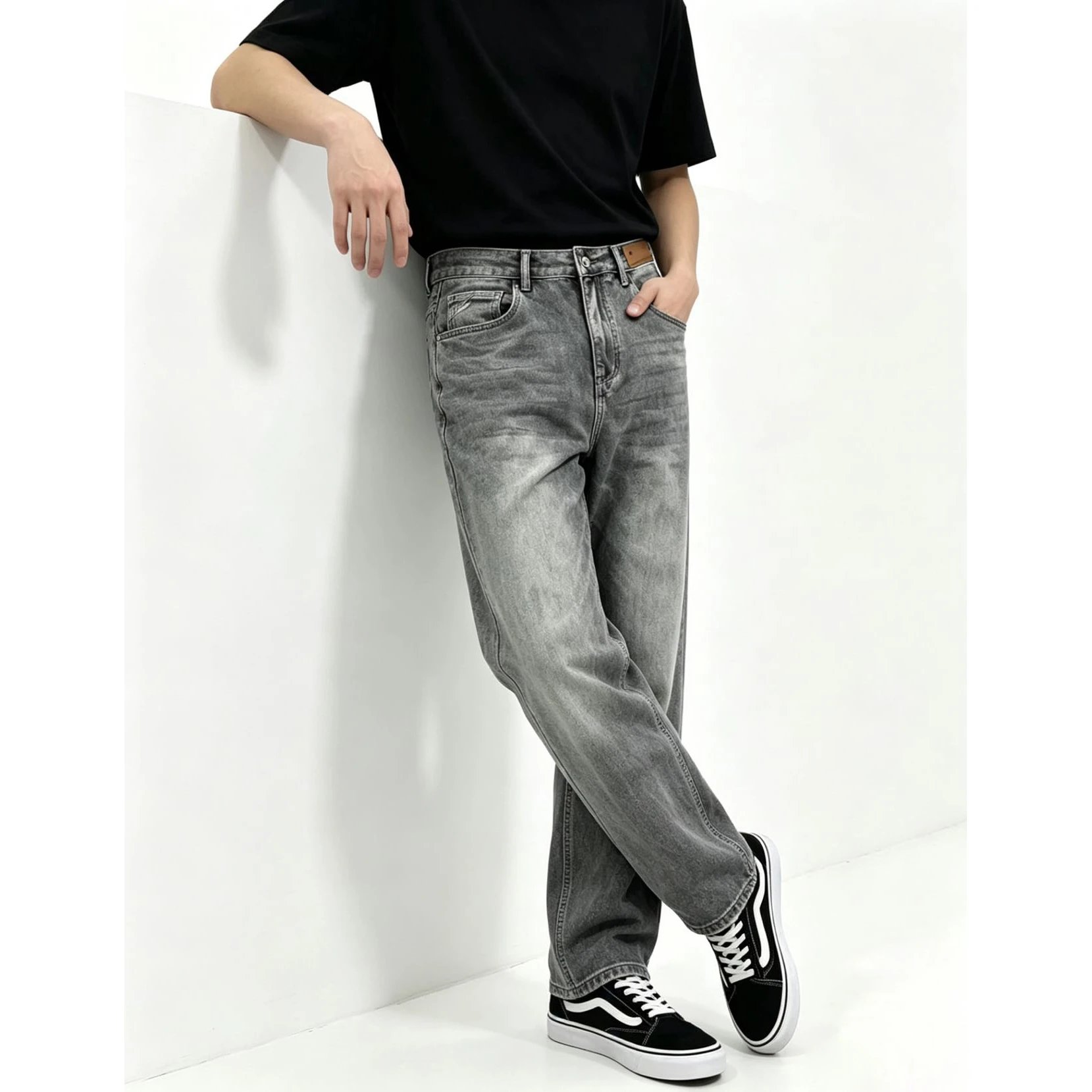10000% authentic men's retro ash straight jeans 93 cotton blended micro-elastic nostalgic washed and distressed adjustable drawstring back waist adapts to various waistlines, wide legs, modified leg shape YKK zipper rivet leather label D489 5627