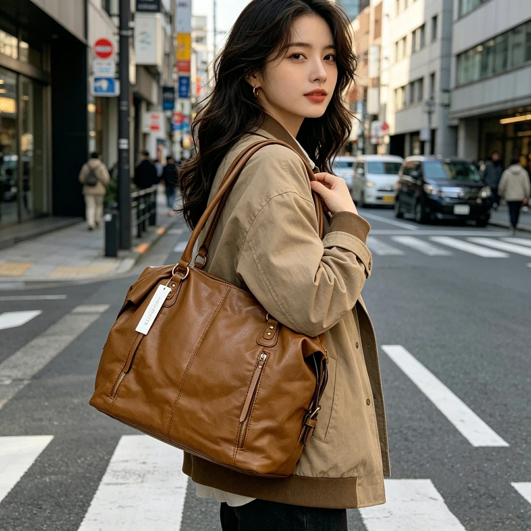 Caramel Brown Leather Tote Bag