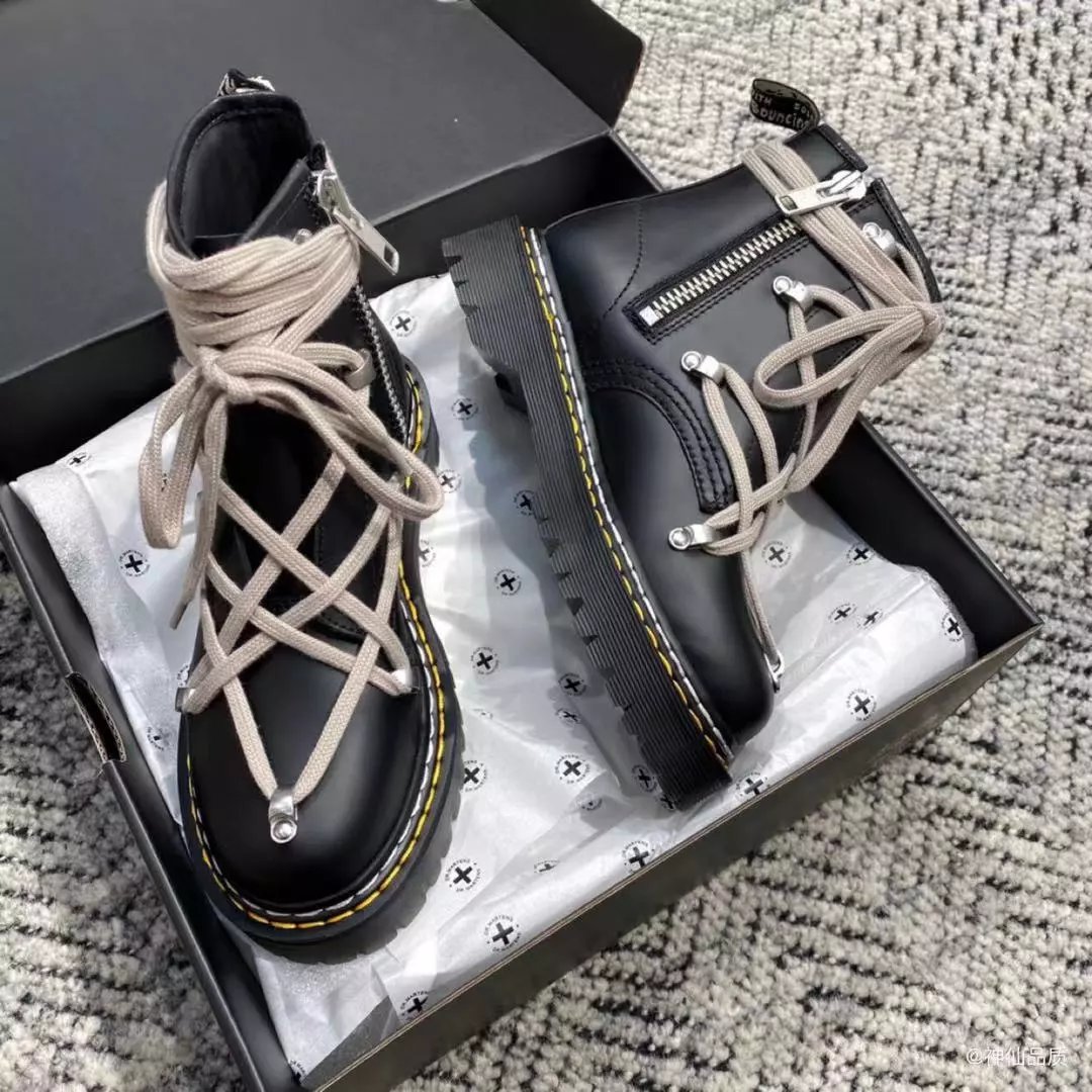 In Stock: Rick Owens x Dr. Martens 1460 Pascal Platform 8-Eye Boots in Smooth Patent Leather, Nana Ouyang Style