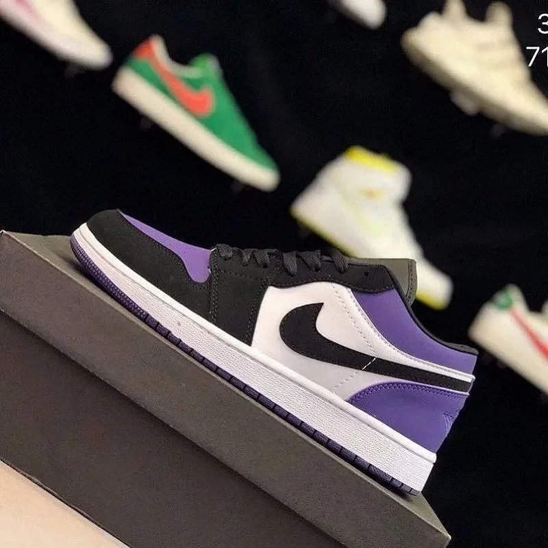 特价现货aj1低帮镭射紫罗兰花姑娘情人节篮球鞋真标二层AJ1黑紫脚黑黄趾扣碎北卡蓝芝加哥小闪电时尚男女鞋情侣休闲运动板鞋 6