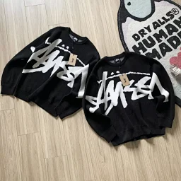 thumbnail for Pre-sale for 10 days~STUSSY American retro west coast high street skateboard autumn and winter couple models round neck pullover big LOGO jacquard sweater sweater