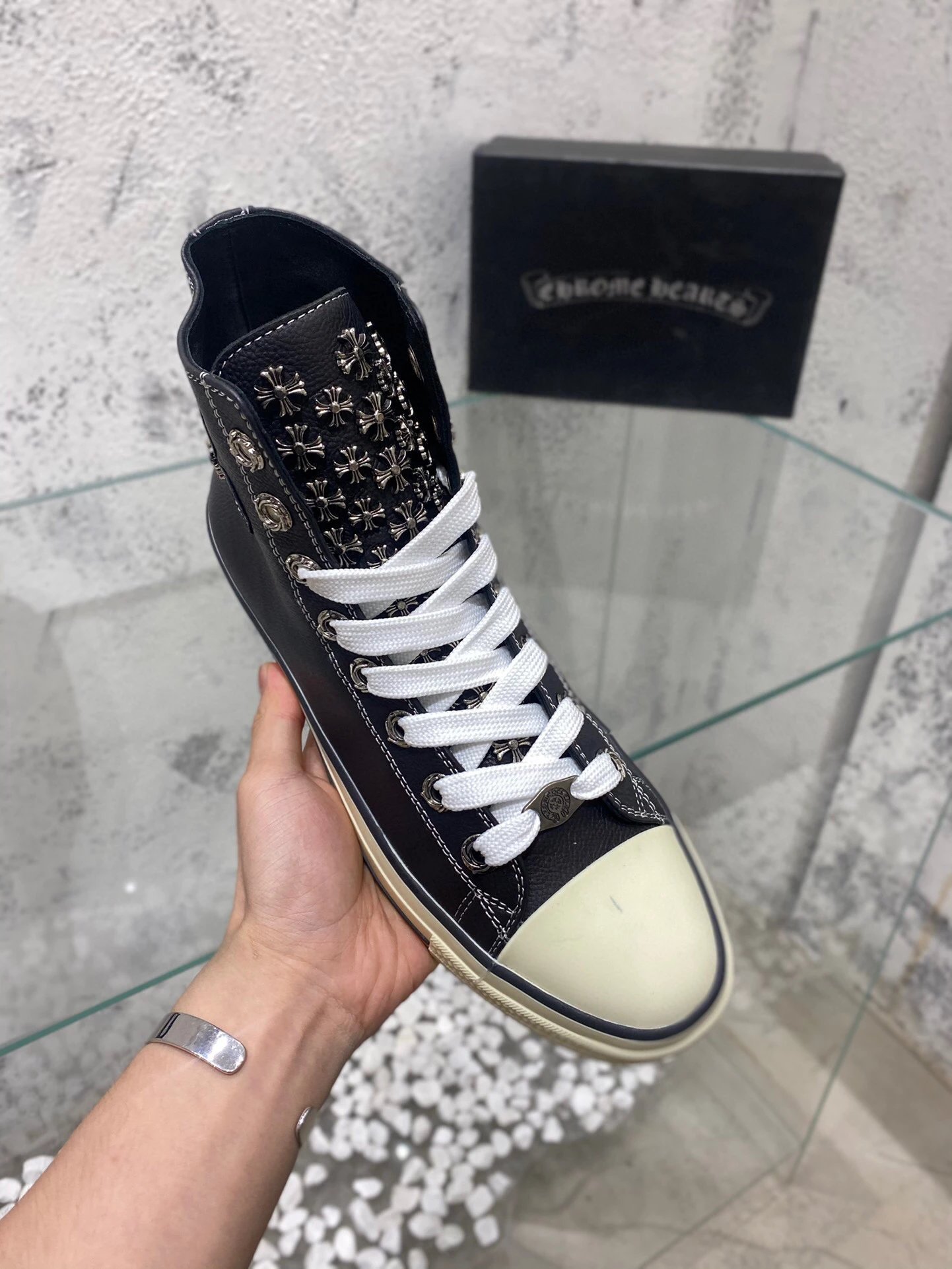 Chrome Hearts x Converse Chuck Taylor All Star High Black Leather Sneakers - 6
