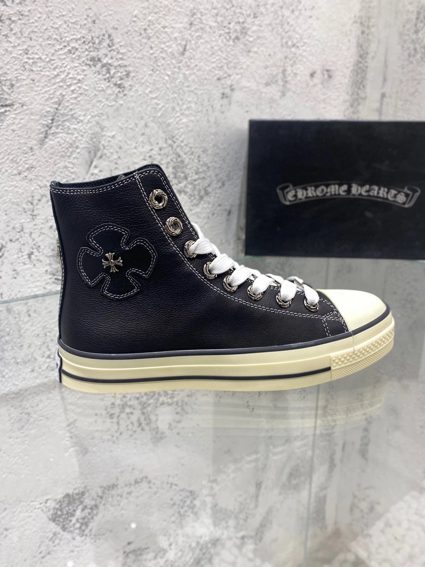 Chrome Hearts x Converse Chuck Taylor All Star High Black Leather Sneakers - 4