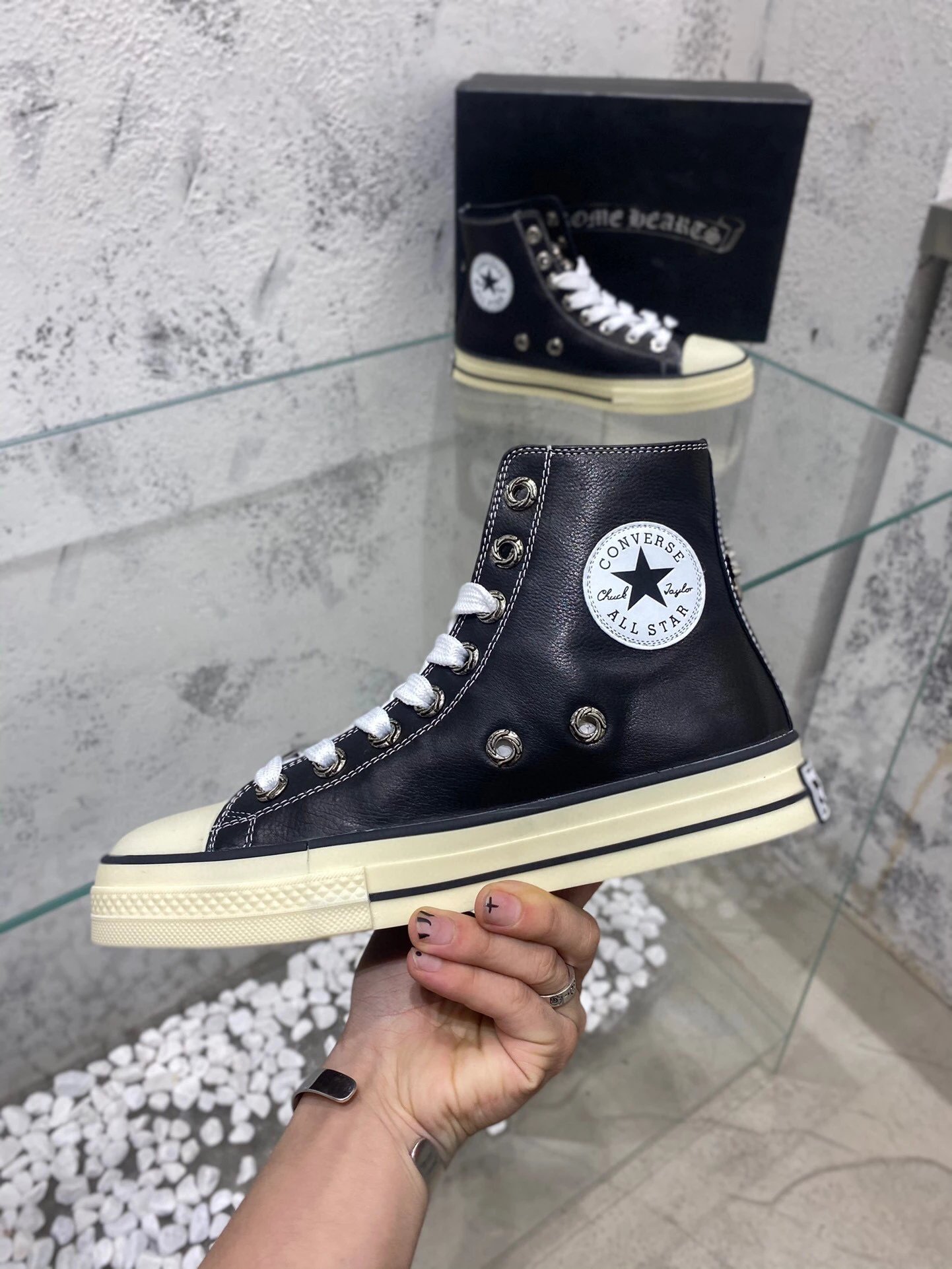 Chrome Hearts x Converse Chuck Taylor All Star High Black Leather Sneakers - 7