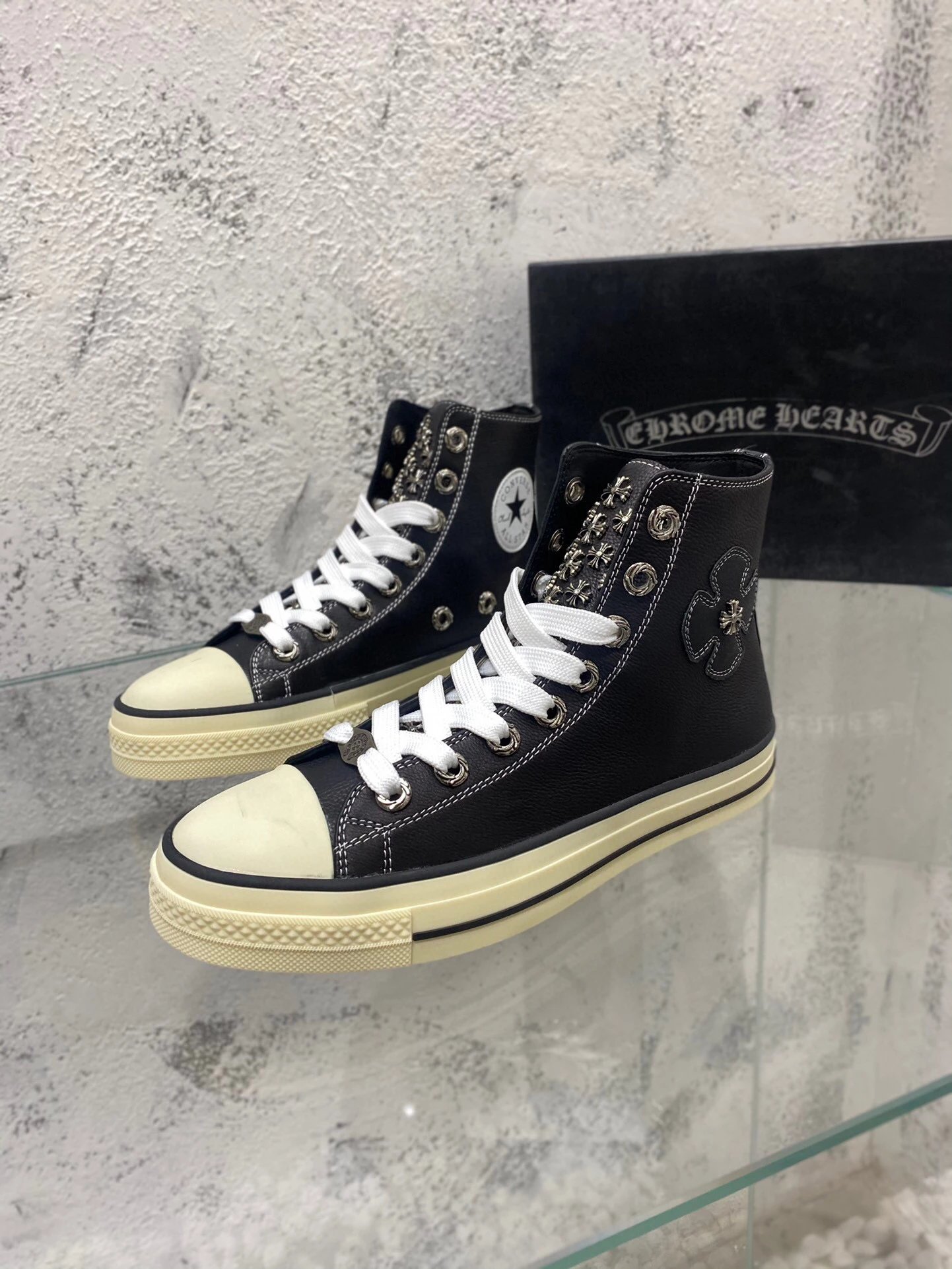 Chrome Hearts x Converse Chuck Taylor All Star High Black Leather Sneakers - 3