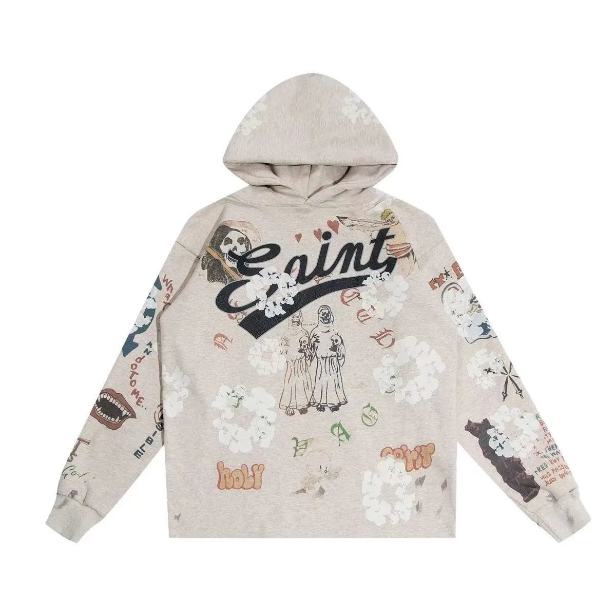 Graffiti Print Hooded Sweatshirt Vintage Casual Hoodie