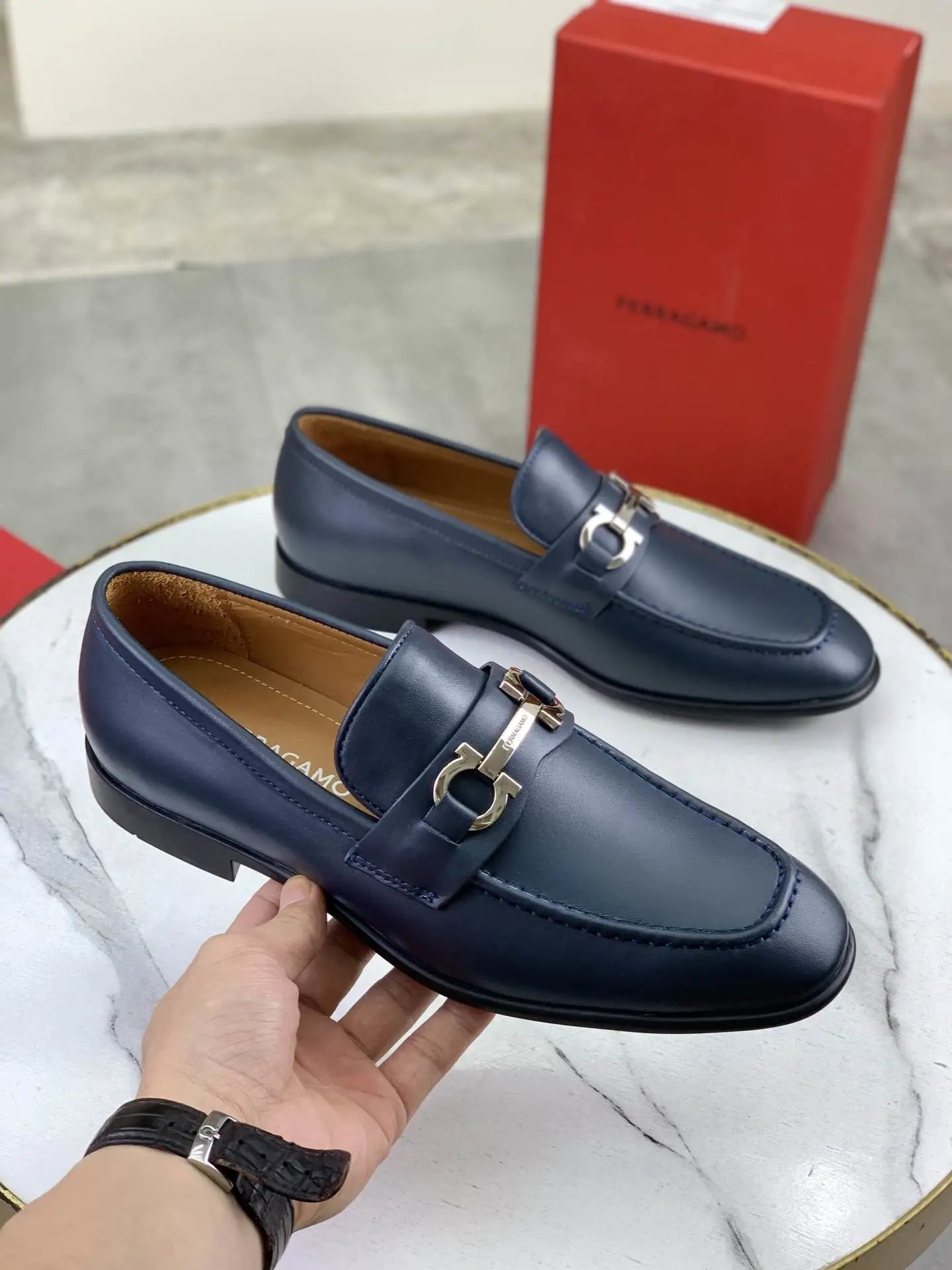 Ferragamo Leather Business Shoes Navy - Style 5