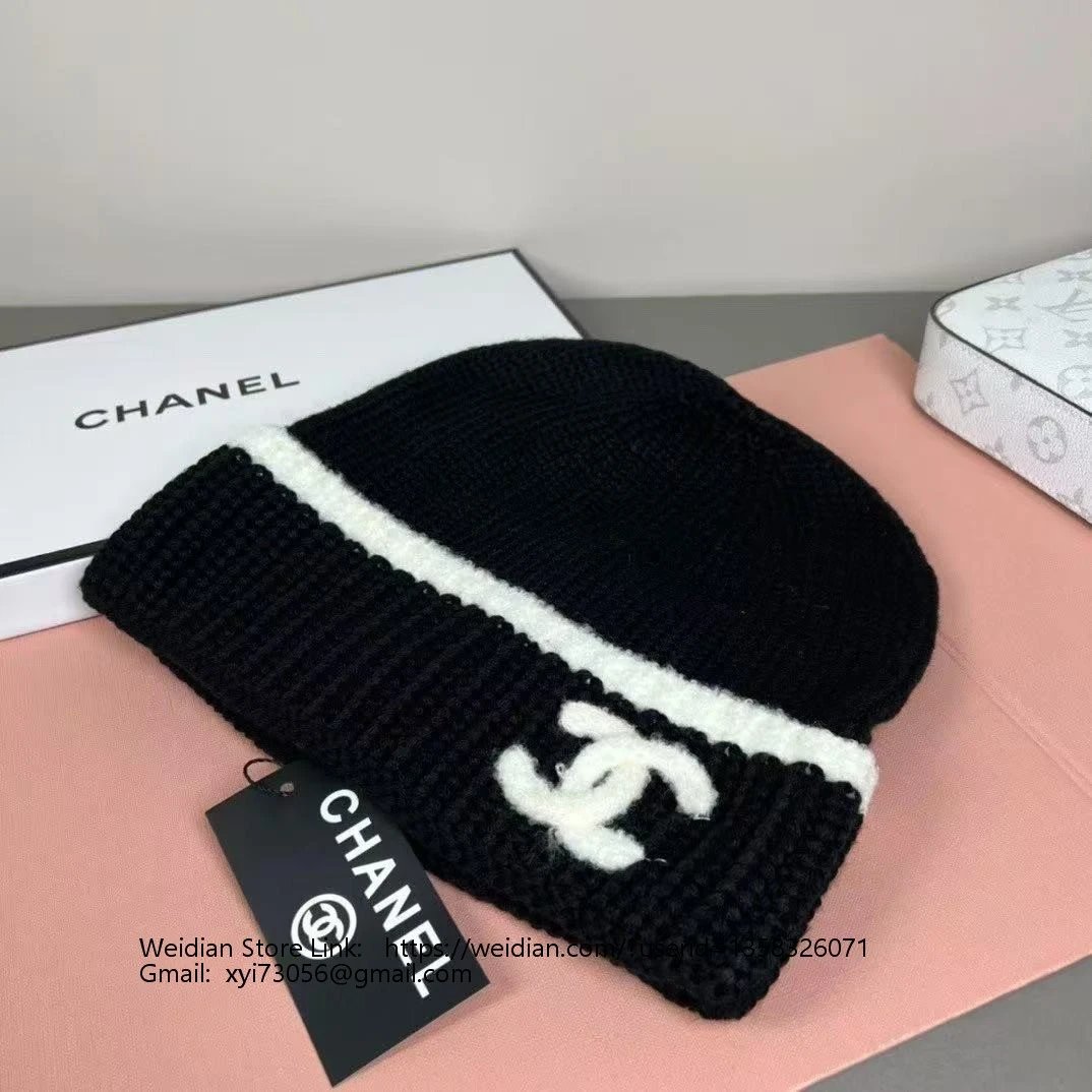 Chanel Knit Beanie Black White
