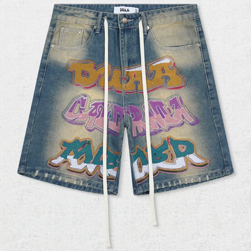 DU Denim Graffiti Letter Drawstring Shorts