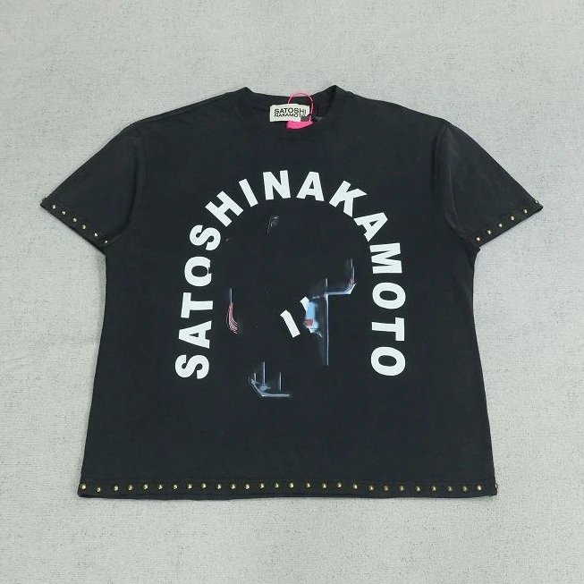 SAT Short Sleeve T-Shirt with Geometric Studs, Rhinestones & Letter Print R1153