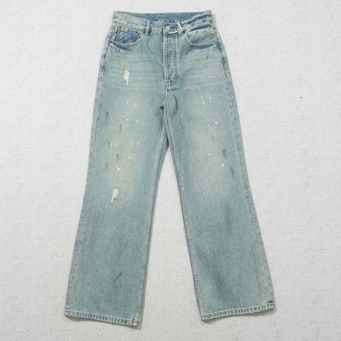 AC Pants in Black Ink Splatter Ripped Denim Blue