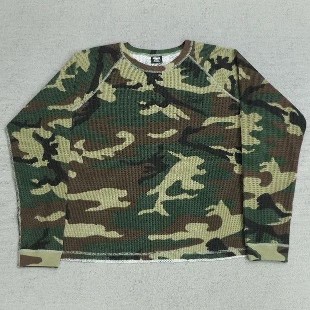 ST Long Sleeve Waffle Knit Raglan Tee with Camo Letter Print R1158