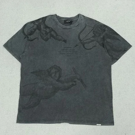 Distressed Gray-Tone Cupid All-Over Print T-Shirt