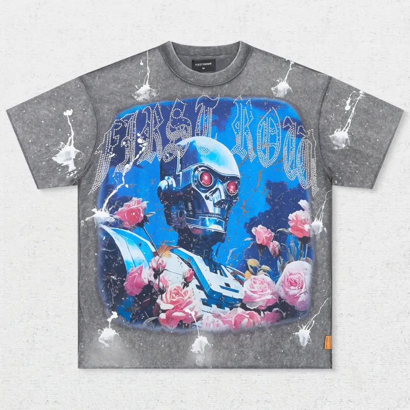 FR Mechanical Skull Rose Print T-Shirt